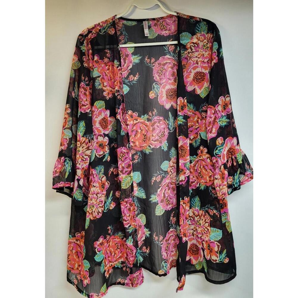 XHILARATION women's sheer large print floral cardigan black red pink MEDIUM
